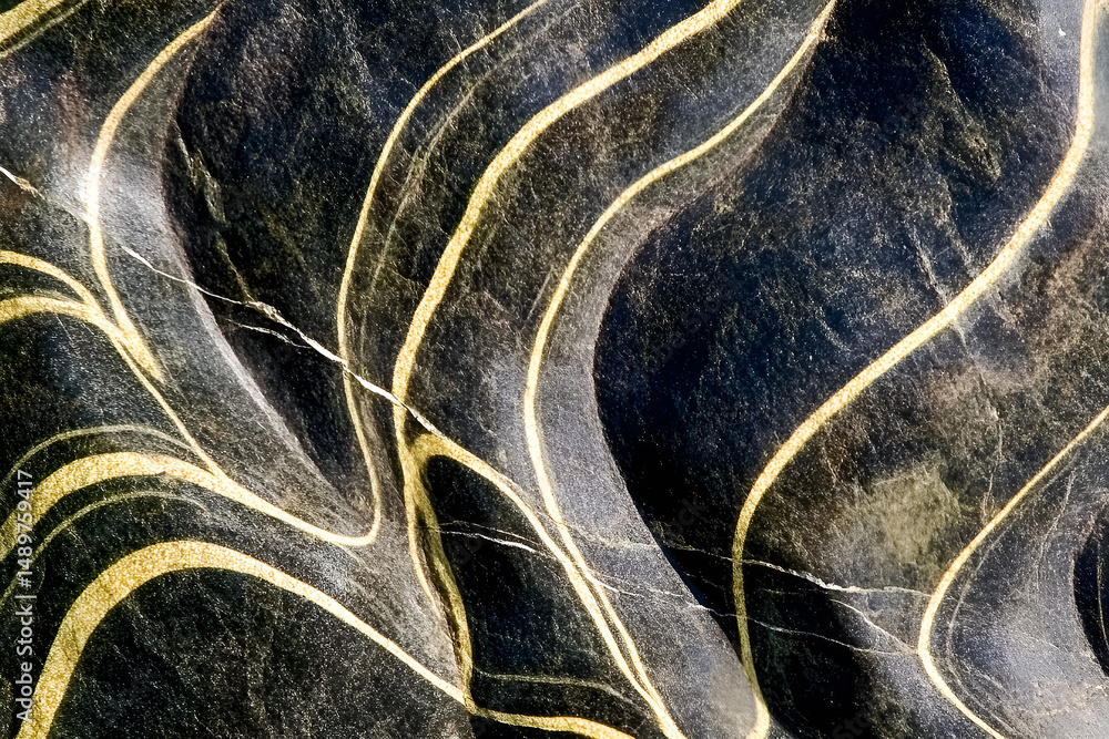 Poster abstract close-up showing a textured dark background with golden-yellow flowing curved lines creatin