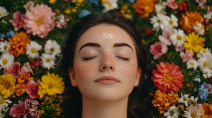 Naklejka premium A young woman with closed eyes lies peacefully surrounded by vibrant, colorful flowers.