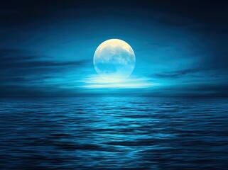 Serene Night Sky with Full Moon Over Calm Ocean Waters at Dusk