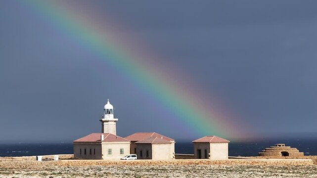 Arcoiris en el Faro de Punta Nati, en Menorca, Islas Baleares