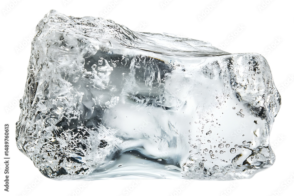 Poster large clear ice block with visible air bubbles isolated on trasparent background
