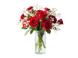 Red Roses and Baby's Breath in Clear Vase with Transparent Background Still Life