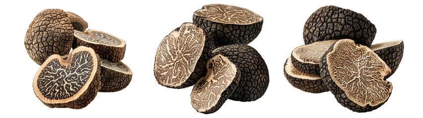 Obraz premium Set of black Oregon truffles isolated on white transparent background, great for culinary and gourmet themes.