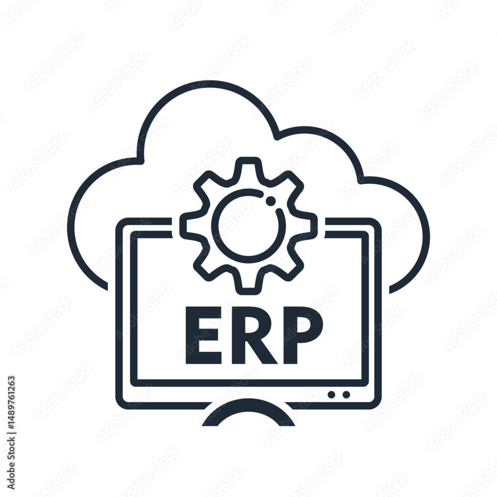 Poster erp system, enterprise resource planning.business automation and innovation.vector linear icon illus