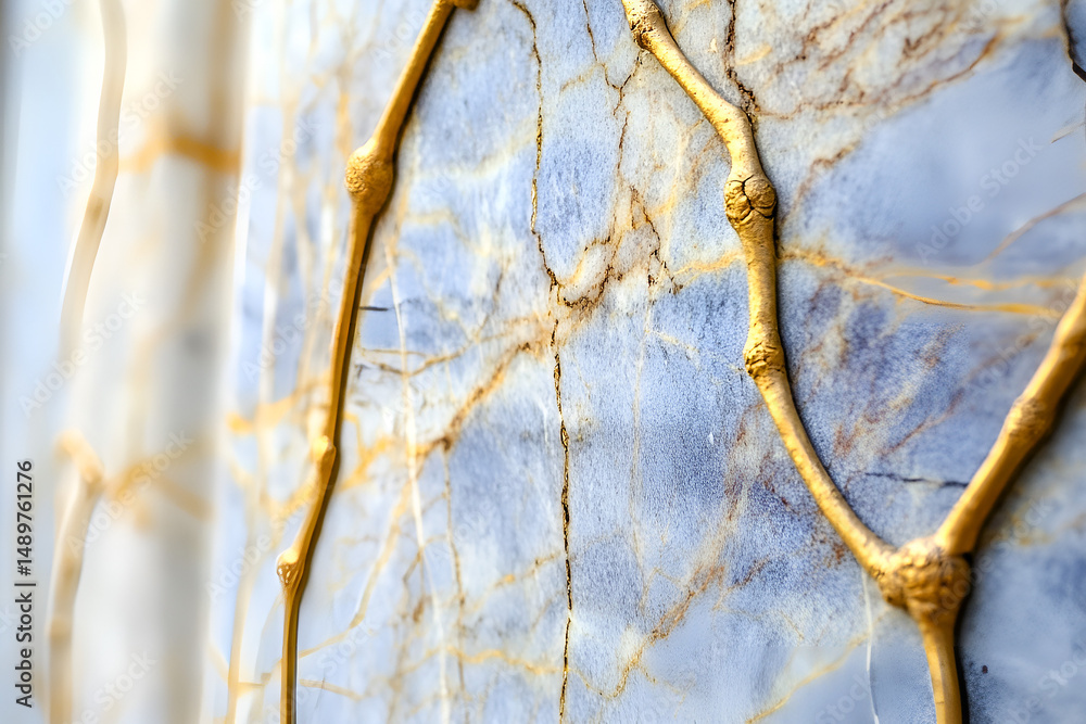 Poster close-up of abstract blue marble with golden veining and intricate details showing elegant textures 