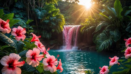 Pink Waterfall Flowing into Blue Pool Surrounded by Lush Vegetation