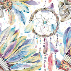 Native American Indian Skull in Feather Crown Headdress and dream catcher Hand Drawn Watercolor Illustration Isolated on White. Colorful Bird Feathers Roach, Plume seamless pattern for fabric, prints