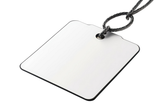 A blank white tag symbolizes opportunity a fresh start connected by a silver chain against a on transparent background