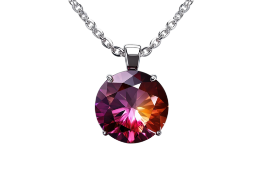 A captivating round gem necklace showcasing a cascade of purple and orange hues radiating on transparent background