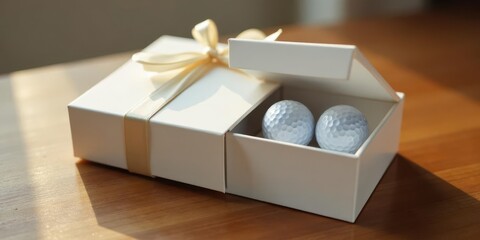 Elegant white gift box with a satin ribbon, containing two pristine golf balls, a thoughtful present for a special occasion