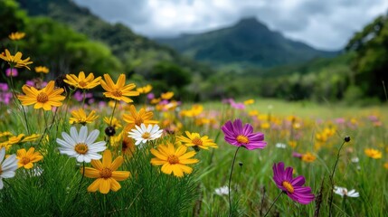 Obraz premium Blooming flowers in meadow with mystical tropical landscapes concept. Vibrant wildflowers blooming in a lush green landscape.