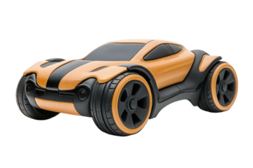 A futuristic toy car crafted from wood racing towards a greener future blending nature with on transparent background