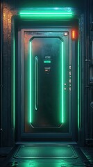 Futuristic metallic door with vibrant green lights.