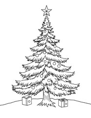 Simple Christmas Tree Coloring Page with Star and Presents for Kids