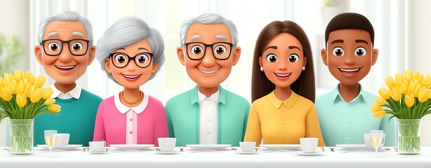 Unified Family Portrait: A warm and inclusive portrait of a multi-generational family, radiating joy and togetherness, creating a vibrant illustration of family bonds.