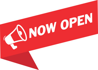 Now Open Label for business illustration with megaphone element.