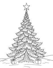 Festive Christmas Tree with Gifts Coloring Page.