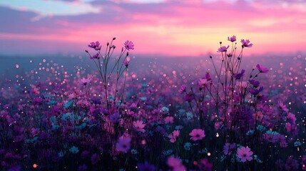 Naklejka premium Blooming flowers in meadow with glowing paradise dreamlike nature concept. A vibrant field of flowers under a beautiful sunset sky.
