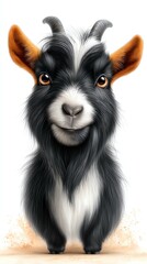 Obraz premium Smiling Goat Illustration: A playful and whimsical illustration of a black and white goat with a wide, friendly grin and a touch of mischief in its eyes. Its soft fur, expressive eyes.