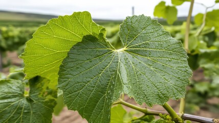 Close-Up of Lush Green Vineyard Leaves with Dew Drops