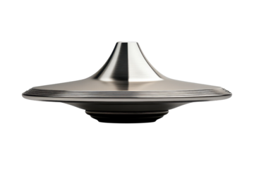 A mesmerizing metal spinning top levitating elegantly in a gravity defying dance of balance on transparent background