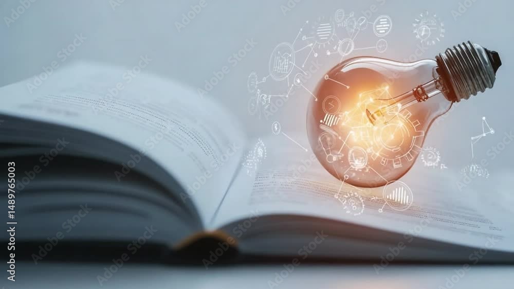 Poster illuminating ideas: a light bulb glowing with knowledge and innovation bursts forth from an open boo