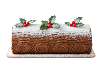 PNG Festive yule log cake with holly and berries topped with powdered sugar