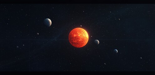 Bright Red Star Surrounded by Planets in Dark Cosmic Space