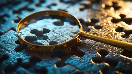 Golden magnifying glass on dark jigsaw puzzle missing piece problem solving concept
