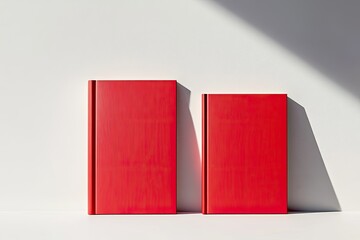 Two vibrant red hardcover books stand upright against a stark white background, bathed in soft, contrasting sunlight