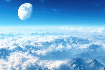 Majestic mountain range above the clouds at night, a large moon shining brightly