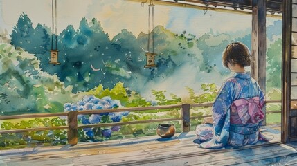 紫陽花,着物,女性,日本,縁側,6月,日本の景色,日本の伝統,浴衣,日本の風景,
