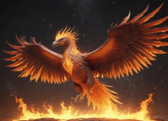 Obraz premium Fiery phoenix, wings ablaze, mythical creature, symbol, powerful, mythology