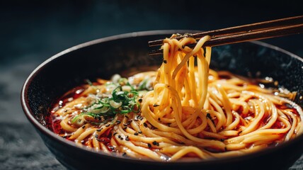 Close Up of Spicy Noodle Soup with Chopsticks Hovering Above Garnished in a Dark Setting