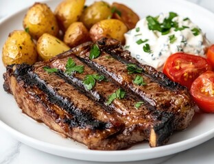 Grilled steak with roasted potatoes and a creamy sauce