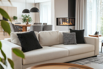 Fototapeta premium modern minimalist living room with beige sofa black pillows and fireplace