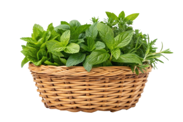 PNG Fresh herbal basket with mint, rosemary, and more