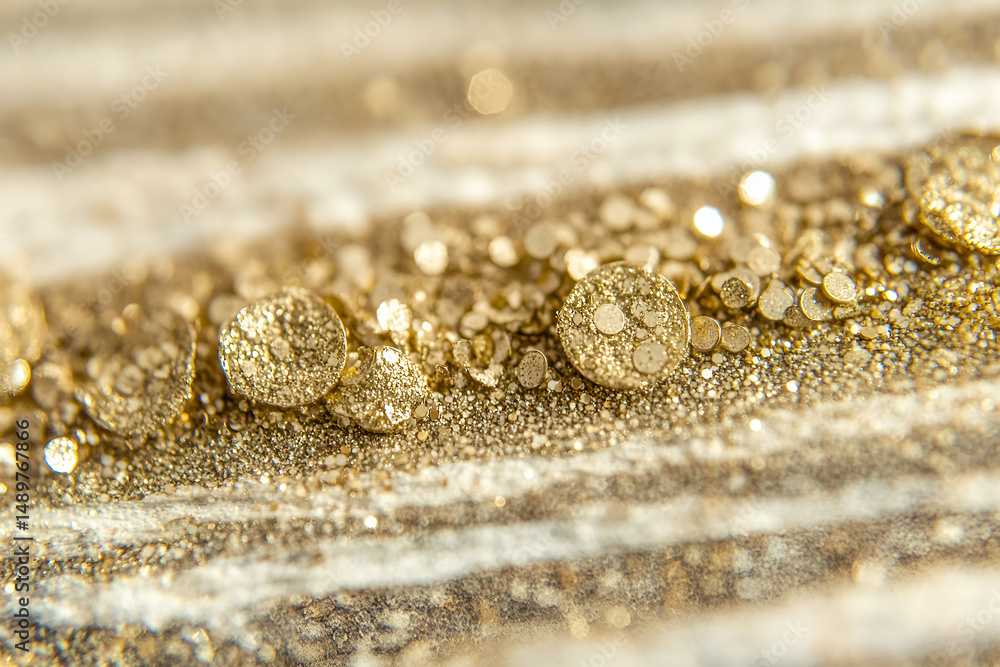 Poster macro shot of gold glitter circles and particles creating a beautiful bokeh effect on a textured sur