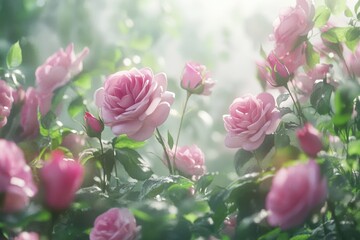 Pink roses in a garden bathed in sunlight
