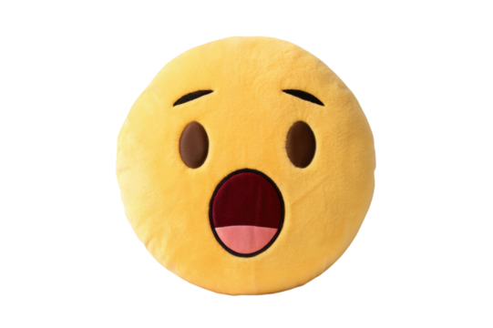 PNG Shocked emoji plush pillow with open mouth and raised eyebrows
