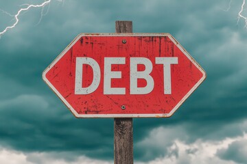 Obraz premium Warning Sign of Debt with Stormy Sky and Lightning Background