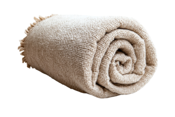 A tightly rolled inviting textured beige throw blanket offering cozy warmth and natural on transparent background