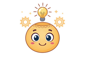PNG Cheerful cartoon face with lightbulb idea and gears