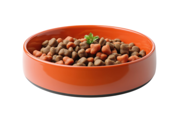 A vibrant orange bowl brimming with nutritious dog kibble including heart shaped pieces topped on transparent background