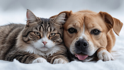 Cat and Dog Cuddling in Snow