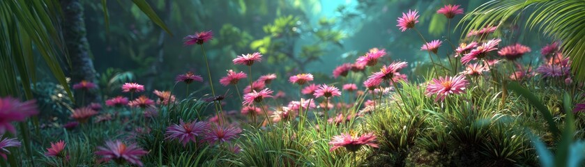 Fototapeta premium Blooming flowers in meadow with mystical tropical landscapes concept. Vibrant pink flowers flourishing amidst lush green foliage.