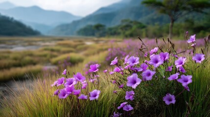 Fototapeta premium Blooming flowers in meadow with mystical tropical landscapes concept. Beautiful purple flowers blooming in a scenic natural landscape.