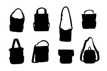 Messenger bag or shoulder bag black silhouette set vector illustration