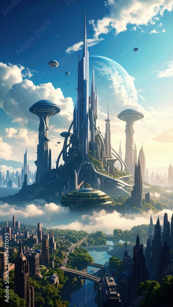Poster dreamlike city skyline with surreal structures and floating elements