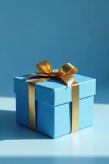 Obraz premium A Light Blue Gift Box with a Golden Ribbon, a Symbol of Celebration and Thoughtfulness